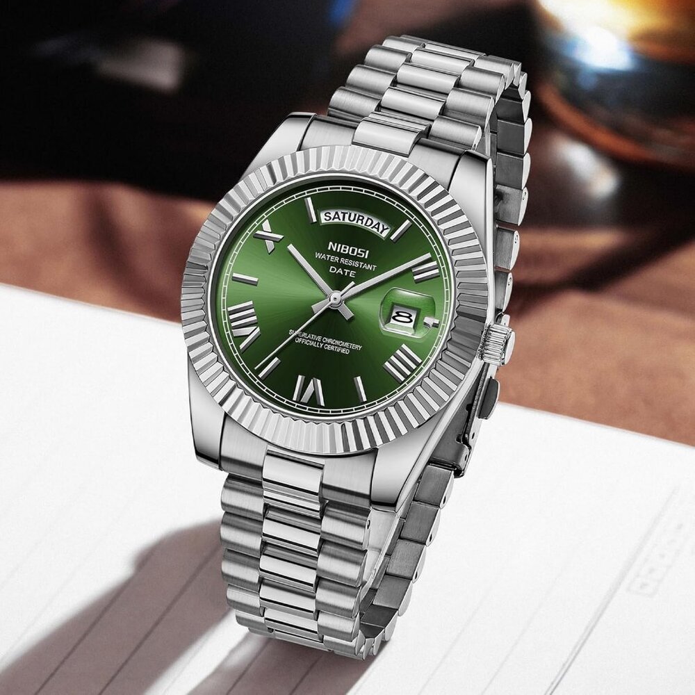 Men's Silver Green Stainless Steel Analog Classic Design Stylish Wrist Watch - Picture 4 of 6